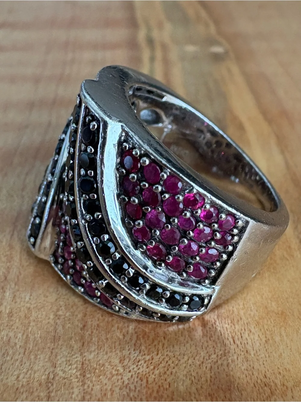 925 Sterling Silver Rhodium Pink & Black CZ & Pave Statement Ring size 7